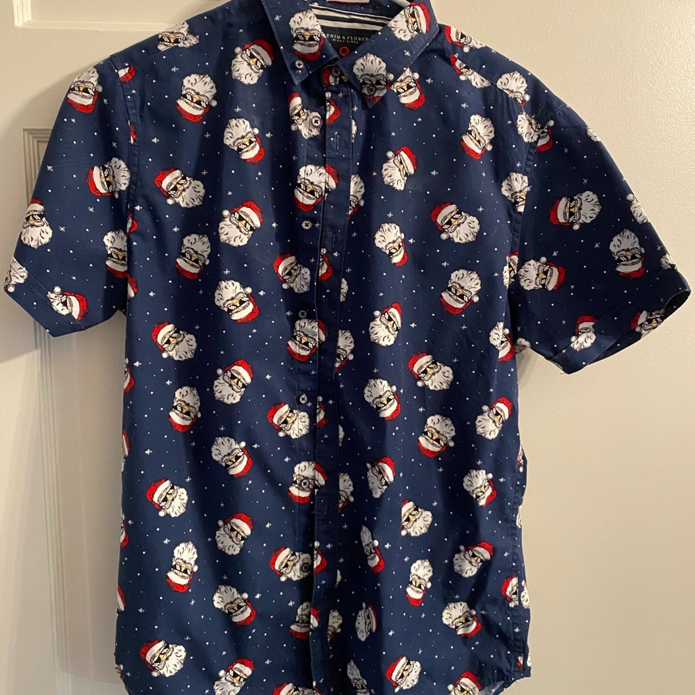 Navy Blue Men's Christmas Shirt with Santa Print